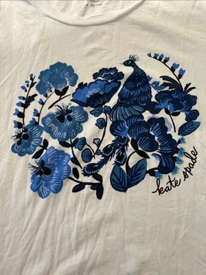 kate spade XL White blue peacock embellished Short Sleeve Tee casual lux Rio thumbnail 4