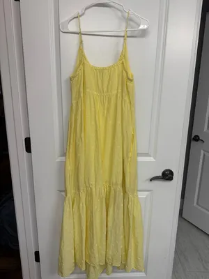 Old Navy Yellow Embroidered Tiered Maxi Dress Pockets Women’s L thumbnail 6