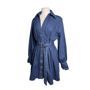 COMMENSE Women’s Belted Button Front Puff Sleeve Dark Wash Denim Dress thumbnail 4