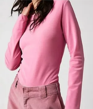 Free People Size Large Hot Pink Velour Semi Sheer Long Sleeve Top Lightweight‎ thumbnail 1