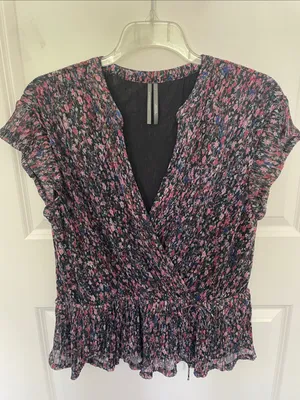 Anthropologie Dionne Metallic Ditsy Floral Blouse Large Peplum Faux Wrap thumbnail 4