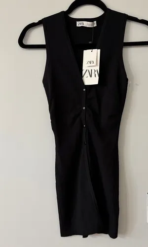 Zara Ribbed Button Front Longline Top Black Size Medium NWT thumbnail 1