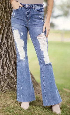 Judy Blue 5 27 High Rise distressed Flare Jeans slimming bohemian western NWT thumbnail 1