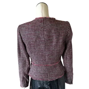 NWOT White House Black Market Red Black Tweed Fringe Moto Style Blazer thumbnail 6