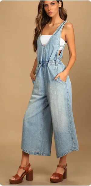 FREE PEOPLE Alora Denim Wide Leg Culotte Tieback Jumpsuit Light Wash Size XS thumbnail 1