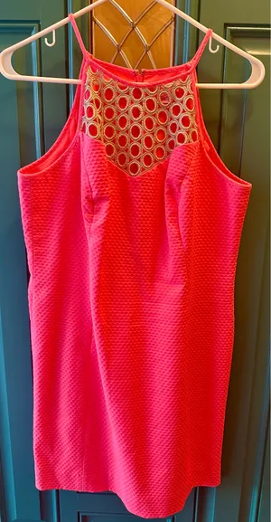 Lilly Pulitzer Larina Shift Dress Pink Sun Ray Crochet Lace Neck Halter 10 thumbnail 2