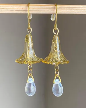 Handmade quality Czech glass beads & German acrylic flower beads cute fairy cottage style dangle earrings💐🩵 thumbnail 5