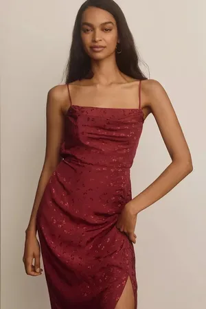 By Anthropologie Asymmetrical Slip Midi Dress Maroon Floral Printed Size 12 thumbnail 1
