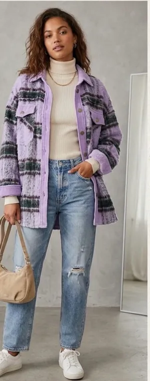 Pol x Anthropologie Purple Fuzzy Plaid Shacket Corduroy Trim Medium. thumbnail 1