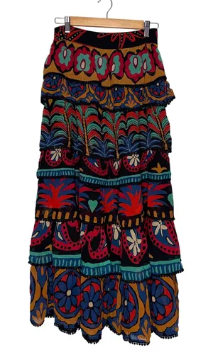 Farm Rio Tiered Maxi Skirt Womens XS Multicolor Good Pom Pom Trim Tropical thumbnail 1