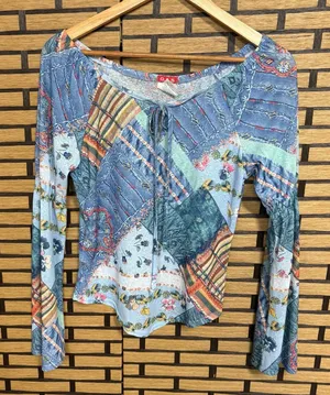 G.A.S. Blue Patchwork Print‎ Blouse Size Large thumbnail 1