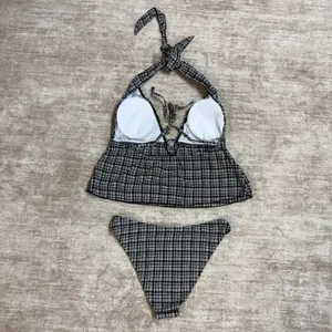 Samiol Women’s Medium Black White Plaid Tankini Bikini Swimsuit Plunge Halter thumbnail 6