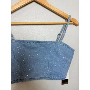 Lizette Collection Denim Rhinestone Crop Top Light Wash‎ Blue Sparkly Bustier thumbnail 4