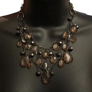 Gunmetal multi strand amber dangle bead statement necklace Brown thumbnail 1