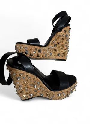 Steven Madden Black Leather Studded Wedge Sandals with Tan Wrapped Platform … thumbnail 3
