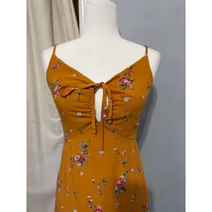 re:named Mustard Yellow Midi Dress Size M Floral Ruffle Sweetheart Keyhole Tie thumbnail 11