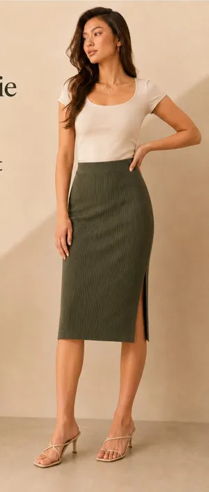 Abercrombie & Fitch Olive Green Ribbed Midi Skirt with Side Slit thumbnail 1