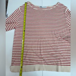 Zara women's viscose ecru and red striped long sleeve knit sweater size L thumbnail 6