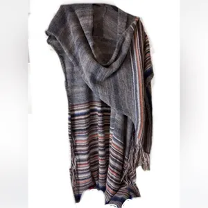 Free People Latitude 30 Wrap Poncho Shawl Rainbow Gray Fringe Sweater Stripe‎ thumbnail 8