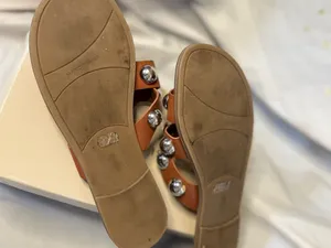 Marc Fisher Carmel Brown Leather Slide Sandals with Silver Stud Accents thumbnail 6