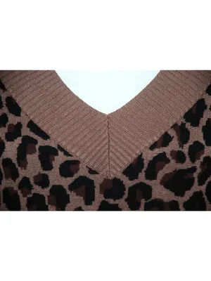 Cato Brown Leopard Animal Print Sweater Dress Size L Sexy Bodycon V-neck Stretch thumbnail 5