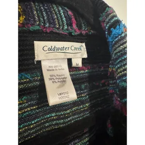 Coldwater Creek Women M Black Multi Color Striped Fringed Knit Artsy Boho Jacket thumbnail 3