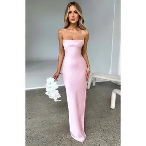 NWT Babyboo Makalita Blush Pink Satin Lace Up Back Slit Slip Maxi Dress Size XS thumbnail 6