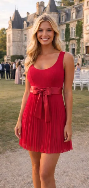 A G B Cocktail Mini Dress Bow‎ Waist Petite Red Pleated 4P Elegant Quiet Luxury thumbnail 1