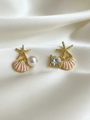Gold Starfish & Pink Shell Stud Earrings with Pearl and Crystal Accents thumbnail 3