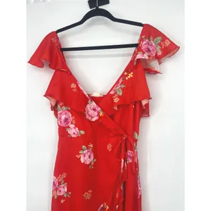 Altar'd State Wrap Dress Hi Lo Ruffle Orange Red Floral Medium Romantic Garden thumbnail 6