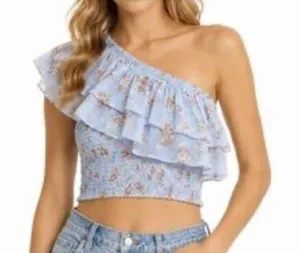 Abercrombie & Fitch Asymmetrical Ruffle 1 Shoulder Top Light Blue Floral XS thumbnail 1