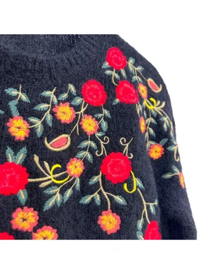 Sézane La Maille Black Sweater Floral Embroidery Size XS Cottage Folk Nouveau thumbnail 6