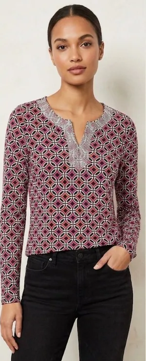 Ann Taylor Loft Beaded Geometric Print Top Purple‎ Orange Long Sleeve Blouse M thumbnail 1