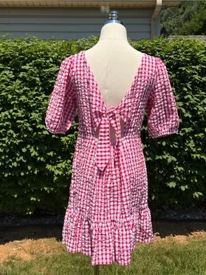 NEW LOFT Red‎ Gingham Tie Back Puff Sleeve Cottagecore Picnic Dress Outdoor Farm thumbnail 3