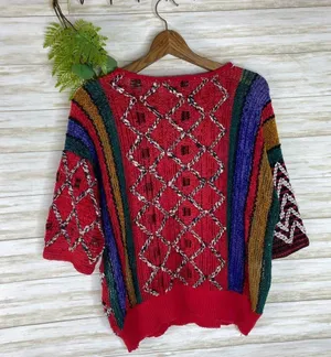 Vintage Rainbow Color Open Knit Half Sleeve Sweater Tee thumbnail 4