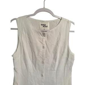 Paper Heart Sleeveless Linen Shirt Dress White Button Up Mini Sundress Coastal Preppy Size S thumbnail 3