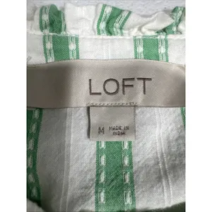 LOFT Green Striped Ruffle Long Sleeve Button Blouse M Cotton Top Peasant Modest thumbnail 5