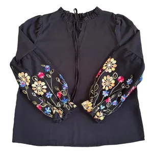 Black Floral Embroidered Balloon Sleeve Ruffle Neck Tie Blouse Feminine thumbnail 2