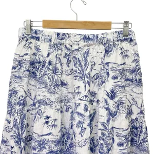 Joie 100% Linen Blue White Tropical Toile Midi Skirt Elastic Waist Size Large thumbnail 7