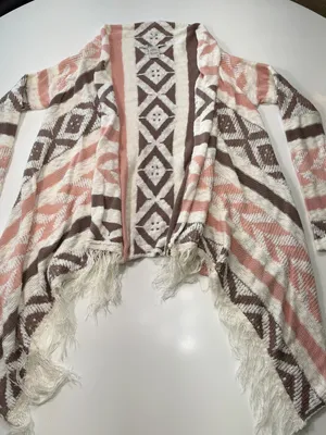American Rag Pink Taupe & Cream Fringe Open-Front Cardigan thumbnail 2