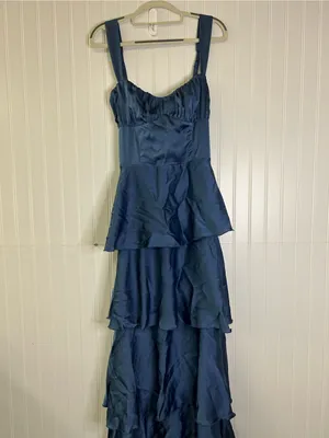 Lucy in the Sky Satin Ruffle Maxi Dress in Slate Blue Size Large thumbnail 3
