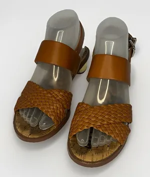 Sam Edelman‎ Teena 2 Sandals 7M Tan Woven Strap Cork Footbed Gold Heel thumbnail 1