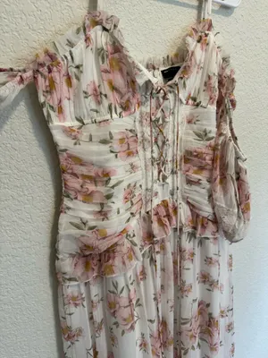 ASOS DESIGN lattice bodice bardot sleeve frill midi dress in floral print thumbnail 5