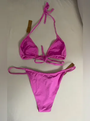 Skims NWT 2pc Bikini Swimsuit Hot Pink Triangle String Bikini top & Bottom M thumbnail 2