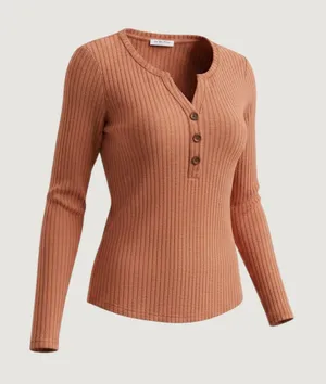 We The Free Free People Henley Top Ribbed Knit Long Sleeve Rust Orange Large thumbnail 1