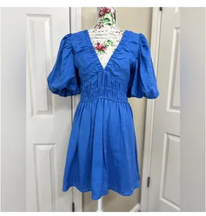 Amalie - linen plunge puff sleeve mini linen dress in blue thumbnail 2
