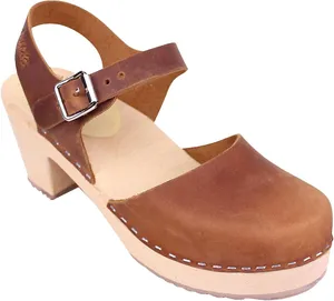 Lotta Highwood Clogs Leather Ankle Strap Heel Closed Toe Wood Cognac Brown 9 thumbnail 1