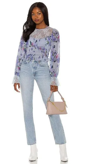 Lace Sheer Smocked Cropped Top thumbnail 1