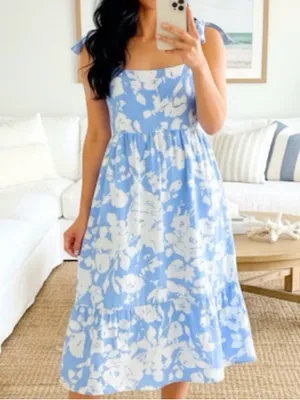 Hyacinth House Tuckernuck Blue and White Floral Lupine Midi Tie Shoulder Dress M thumbnail 3