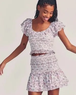 LoveShackFancy Camilla Mini Smocked Ruffle Skirt in Positano Blue Floral‎ Size P thumbnail 1